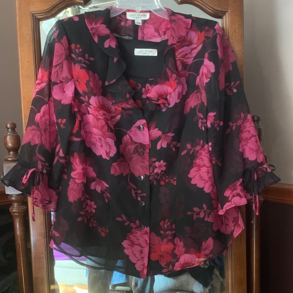 Lady Dorby Elegant Sheer Floral Blouse & Matching Shell with Pink & Red Accents
